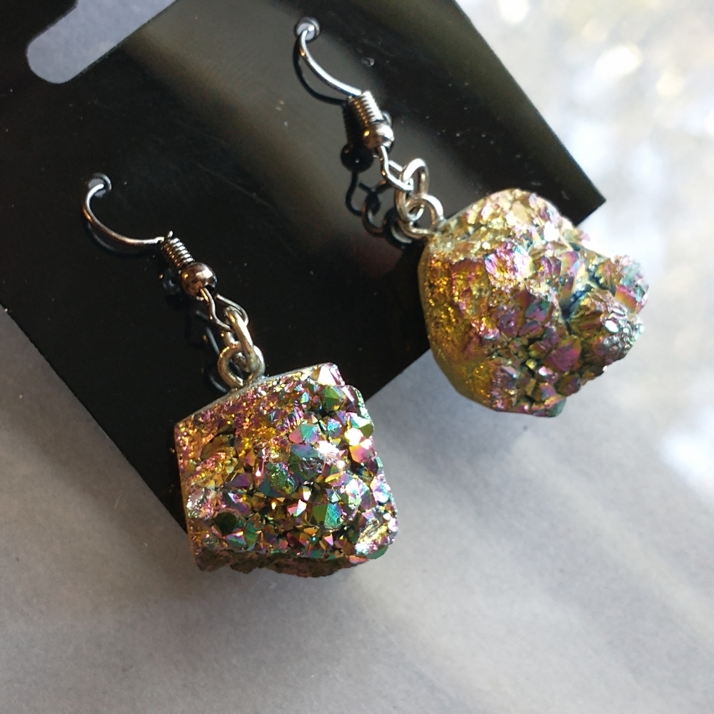 Rainbow druzy chunk earrings